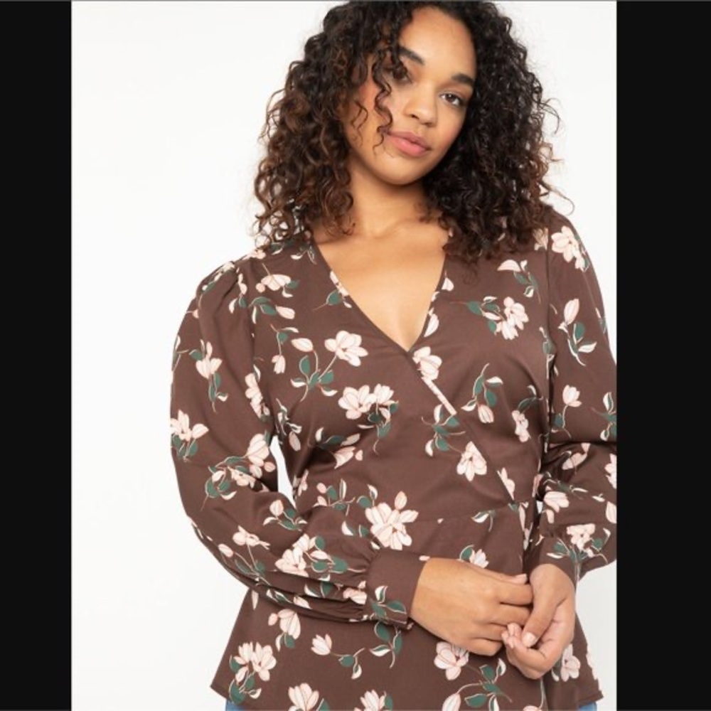 Eloquii Brown Floral Mock Wrap Top
